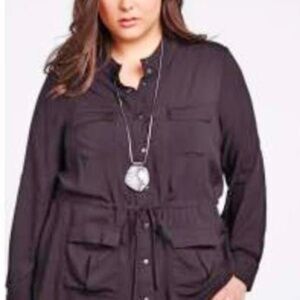 SAFARI BLOUSE, BLACK, SIZE 24, RAYON, LONG ROLL-UP SLEEVES, MANDARIN COLLAR,